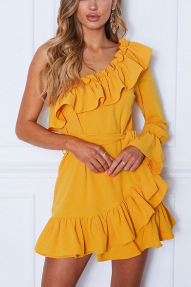 long yellow ruffle dress