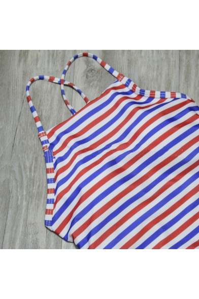 Womens New Fashion Striped Printed Crisscross Back One Piece Swimsuit