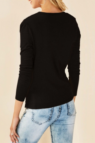Womens New Trendy Round Neck Long Sleeve Solid Color Ruched T-Shirt