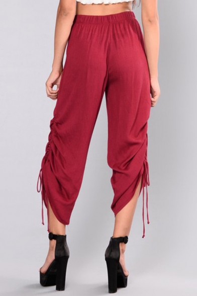 Womens New Trendy Solid Color Elastic Waist Drawstring Side Cropped Casual Pants