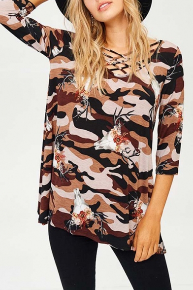 Womens New Trendy Unique Floral Camo Printed Crisscross V-Neck Half Sleeve T-Shirt
