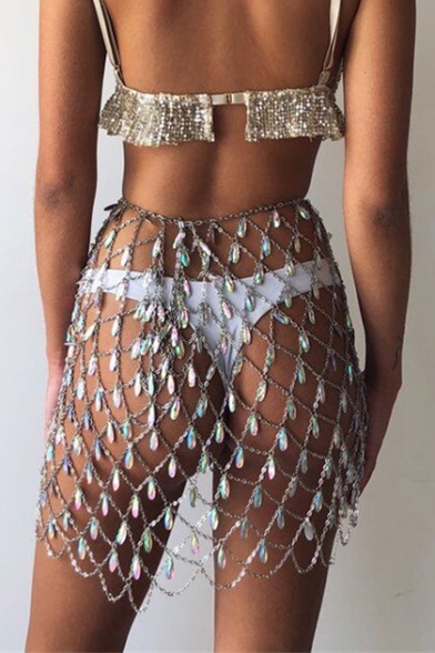 Womens Summer Holiday Beach Crystal Sequin Hollow Out Sparkly Handmade Sexy Mini Skirt