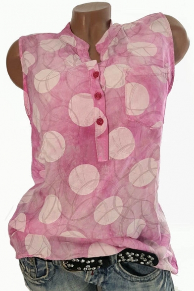 Womens Summer Trendy Polka Dot Printed Button V-Neck Sleeveless Tank Top