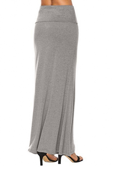 Womens Trendy Simple Solid Color Gathered Waist Maxi Modal Skirt