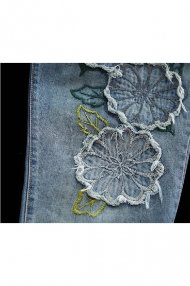 Womens Vintage Destroyed Floral Applique Rolled Cuff Cropped Blue Jeans
