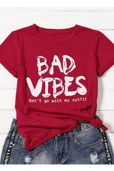 BAD VIBES Letter Red Round Neck Short Sleeve Tee