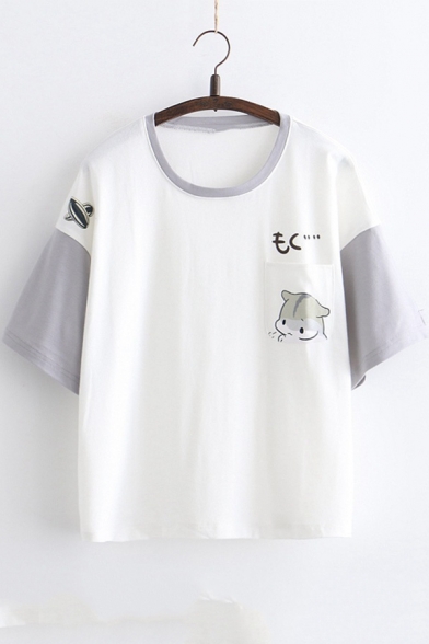 Cartoon Cute Squirrel Colorblock Summer Short Sleeve Relaxed T-Shirt