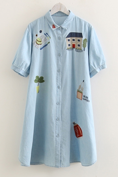 Cartoon House Embroidery Short Sleeve Light Blue Button Down Longline Shirt