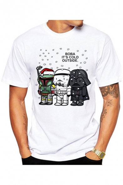 Cartoon Star Wars Character Letter IT'S COLD OUTSIDE Print Round Neck Short Sleeve White Casual T-Shirt for Men