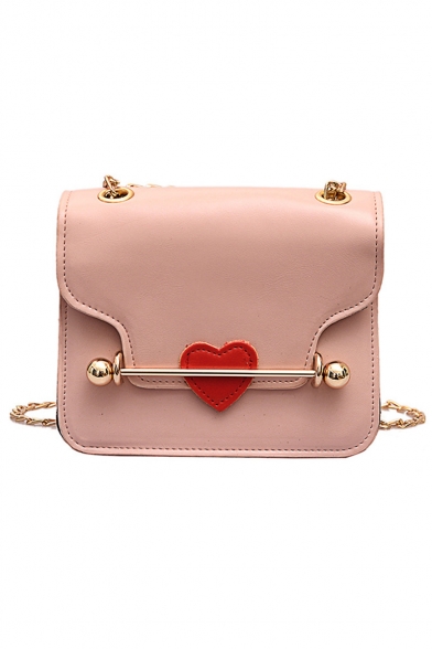 Chic Heart Patched Hardware Embellishment Crossbody Bag with Chain Strap 17*7*14 CM