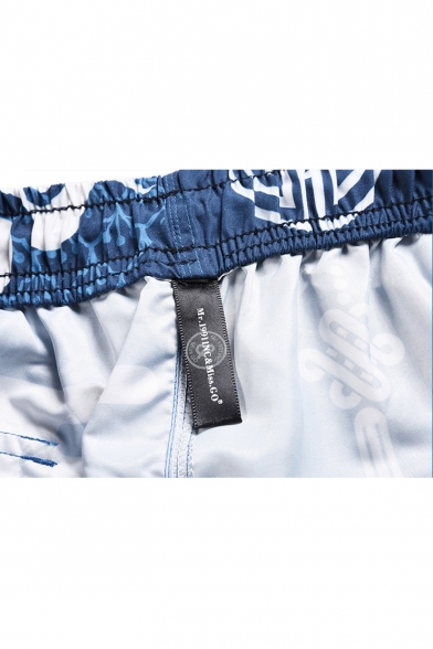 Chinese Style Retro Blue Cloud Printed Men's Lounge Beach Swim Trunks with Pocket