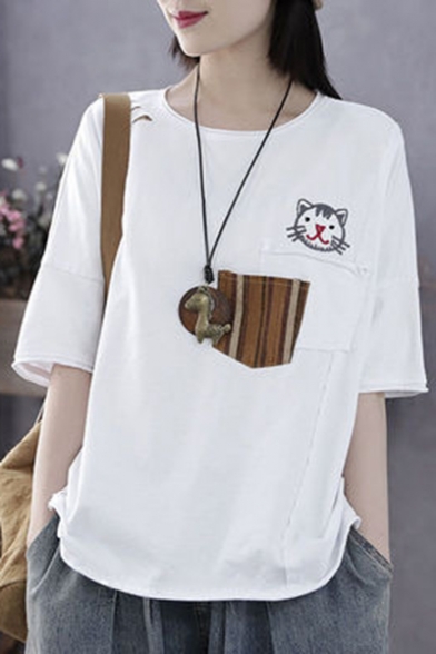 Cute Cartoon Cat Embroidery Stripe Pocket Patched Round Neck Cotton Loose T-Shirt
