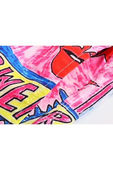 Cute Funny Cartoon Red Lip Graffiti Print Guys Pink Beach Swimwear Swim Shorts with Liner