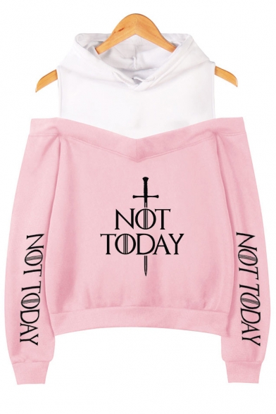 Fancy Sword Letter NOT TODAY Cold Shoulder Fake Two-Piece Pullover Casual Hoodie