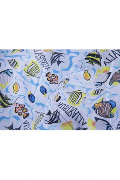 Fashion Allover Sea fish Letter Print Mens Blue Lounge Shorts Beach Swim Shorts