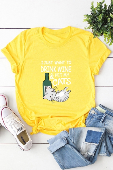 Funny Letter I JUST WANT TO DRINK WINE PET MY CATS Short Sleeve Relaxed Graphic Tee