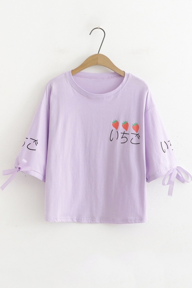 Girls Summer Sweet Strawberry Bow Tied Short Sleeve T-Shirt