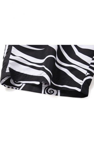 Guys Cool Black and White Stripe Printed Drawstring Waist Beach Swimwear Board Shorts with Liner