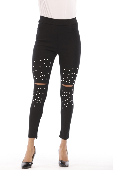 Hot Fashion Beading Embellished Cut Out Womens Black Skinny Fit Jeggings Leggings