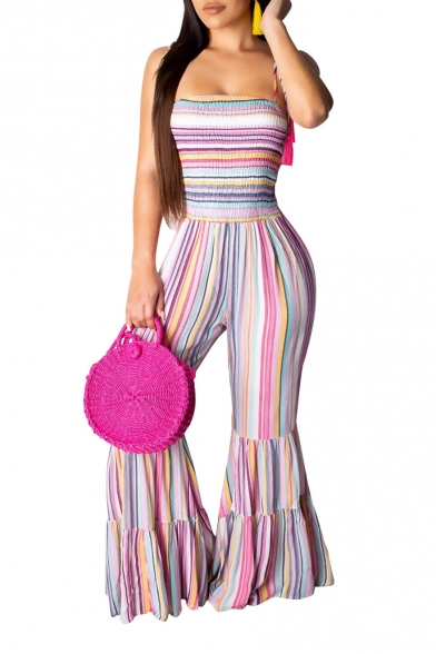 Hot Fashion Colorful Striped Printed Spaghetti Straps Wide Leg Flared Jumpsuits For Women