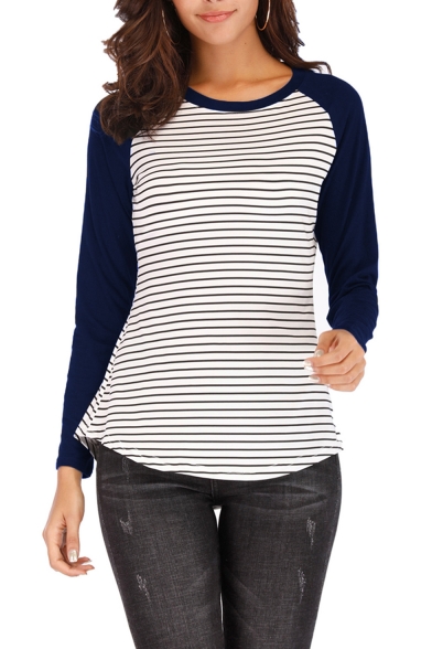 Hot Fashion Stripes Print Round Neck Long Sleeve Color Block T-Shirt For Women