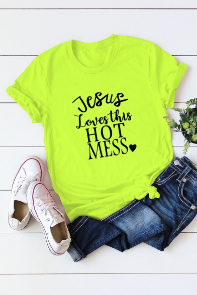 Jesus Loves This Hot Mess Heart Letter Printed Short Sleeve Basic T-Shirt