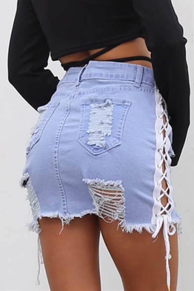 Light Blue Sexy Hollow Out Lace-Up Side Distressed Ripped Raw Hem Mini Bodycon Denim Skirt