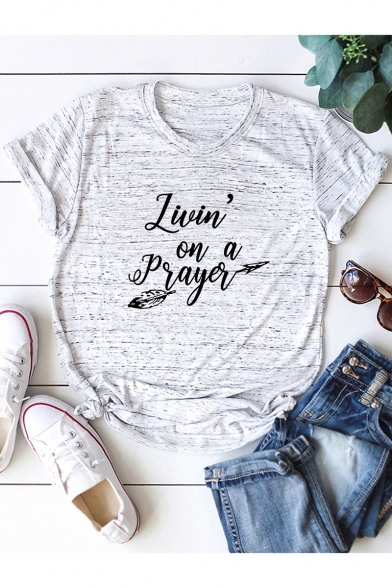Living on a Prayer Feather Letter Printed Short Sleeve Casual Cotton Tee