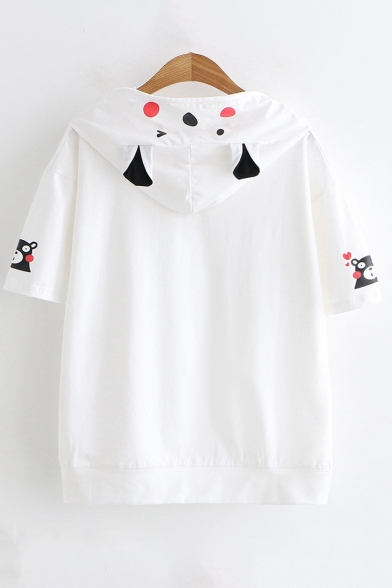 Lovely Cartoon Bear Printed Short Sleeve Hooded Girls T-Shirt