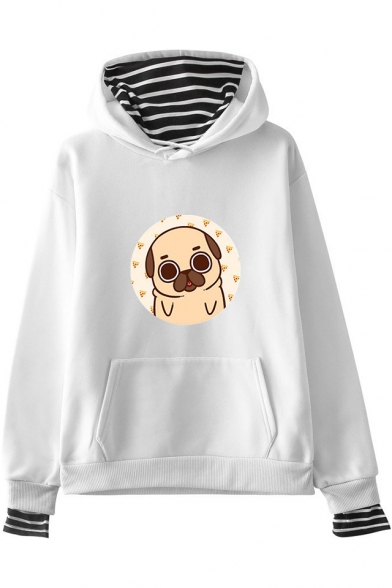 Lovely Cartoon Pug Dog Print Stripe Inside Pullover Loose Relaxed Hoodie