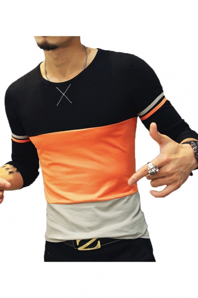Mens Basic Fashion Colorblock Round Neck Long Sleeve Fitted T-Shirt ...