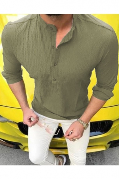Mens New Trendy Basic Solid Color Long Sleeve Casual Loose Henley Shirt