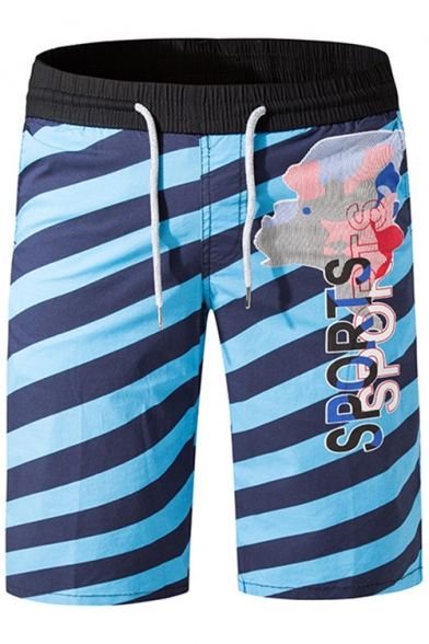 Mens Summer Fashion Letter SPORTS Stripe Printed Cotton Loose Beach Swim Trunks
