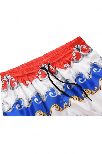 Mens Summer Unique Fashion Printed Drawstring Waist Quick-Dry Beach Swim Shorts