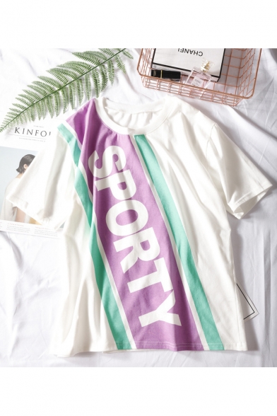 New Arrival Short Sleeve Round Neck Letter SPORTY Color Block Printed Loose White Tee