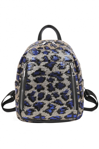 New Fashion Leopard Pattern Sequined Double Zippers Front Leisure Backpack