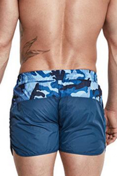 New Fashion Unique Camo Patched Drawstring Waist Quick Dry Mens Swim Shorts with Liner