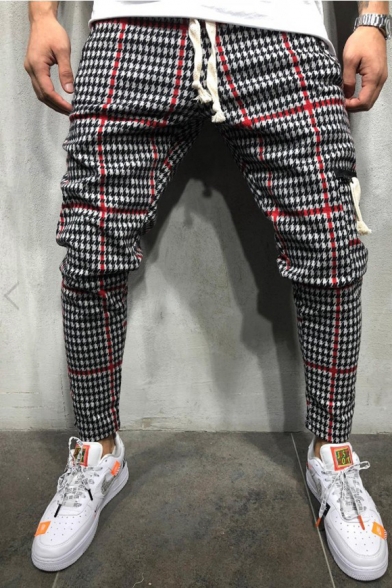 New Men's Leisure Striped Plaid Printed Slim Fit Trousers with Drawstring