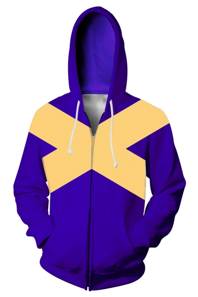 New Trendy Blue and Yellow Letter X Colorblock Long Sleeve Zip Up Hoodie