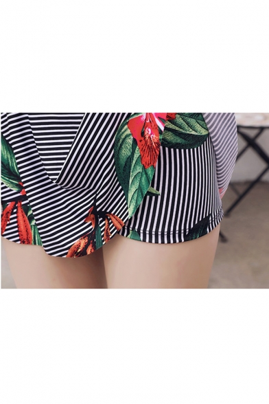 New Trendy Cami Top Stripe Floral Print Bottom Girls Lovely Two Pieces Bikini Set Swimwear