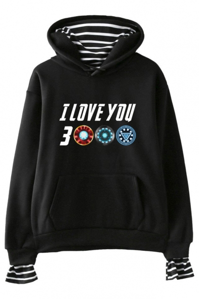 New Trendy Letter I Love You 3000 Fake Two-Piece Long Sleeve Pullover Hoodie