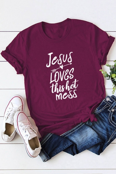 Popular Letter JESUS LOVES THIS HOT MESS Printed Short Sleeve Cotton Tee