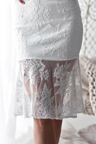 Sexy Hot Style White Plain Print Sleeveless Round Neck Lace Patchwork Midi Bodycon Dress
