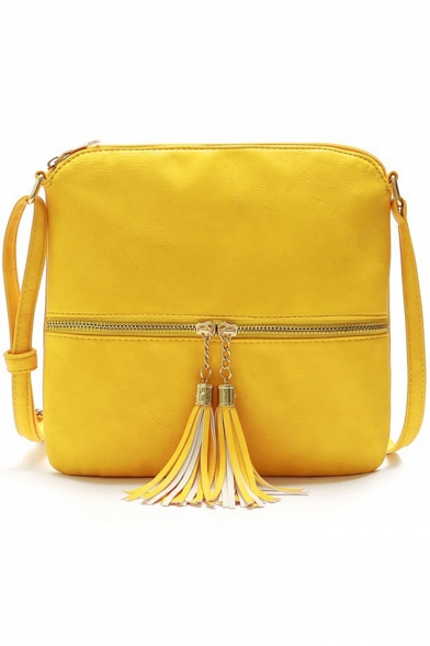 Simple Solid Color Tassel Zipper Embellishment Crossbody Bag 24*23 CM