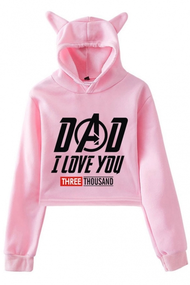 Stylish Letter DAD I LOVE YOU THREE THOUSAND Cute Cat Ear Design Pullover Cropped Hoodie