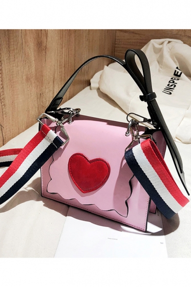 Stylish Red Heart Patched Bow Handle Striped Strap Crossbody Shoulder Bag 18*6*14 CM