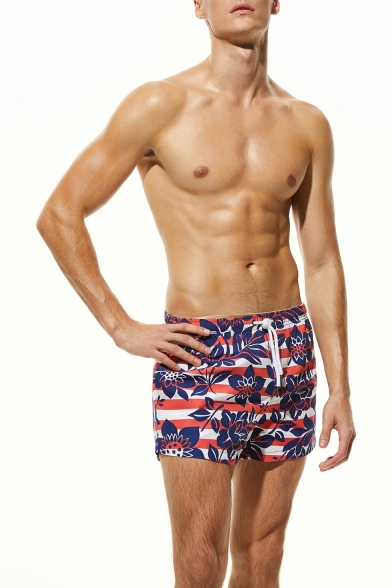 Stylish Stripe Floral Printed Mens Summer Breathable Beach Shorts Swim Shorts
