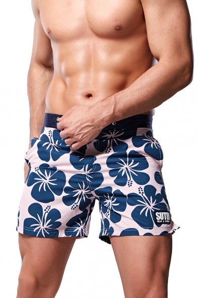 Summer Chic Blue Floral Printed Button Fly Casual Loose Beach Swim Shorts