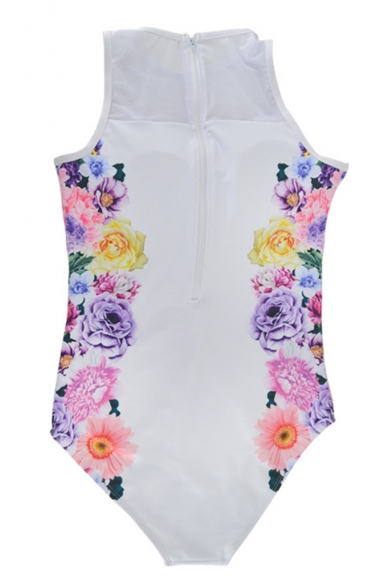 Summer Chic Floral Pattern Zip Back Women's Mesh White One Piece Swimsuit Swimwear