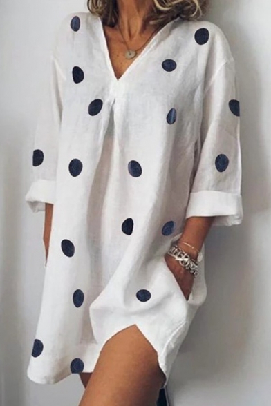 Summer Chic Polka Dot Printed V-Neck Long Sleeve Linen Casual Dress with Pocket